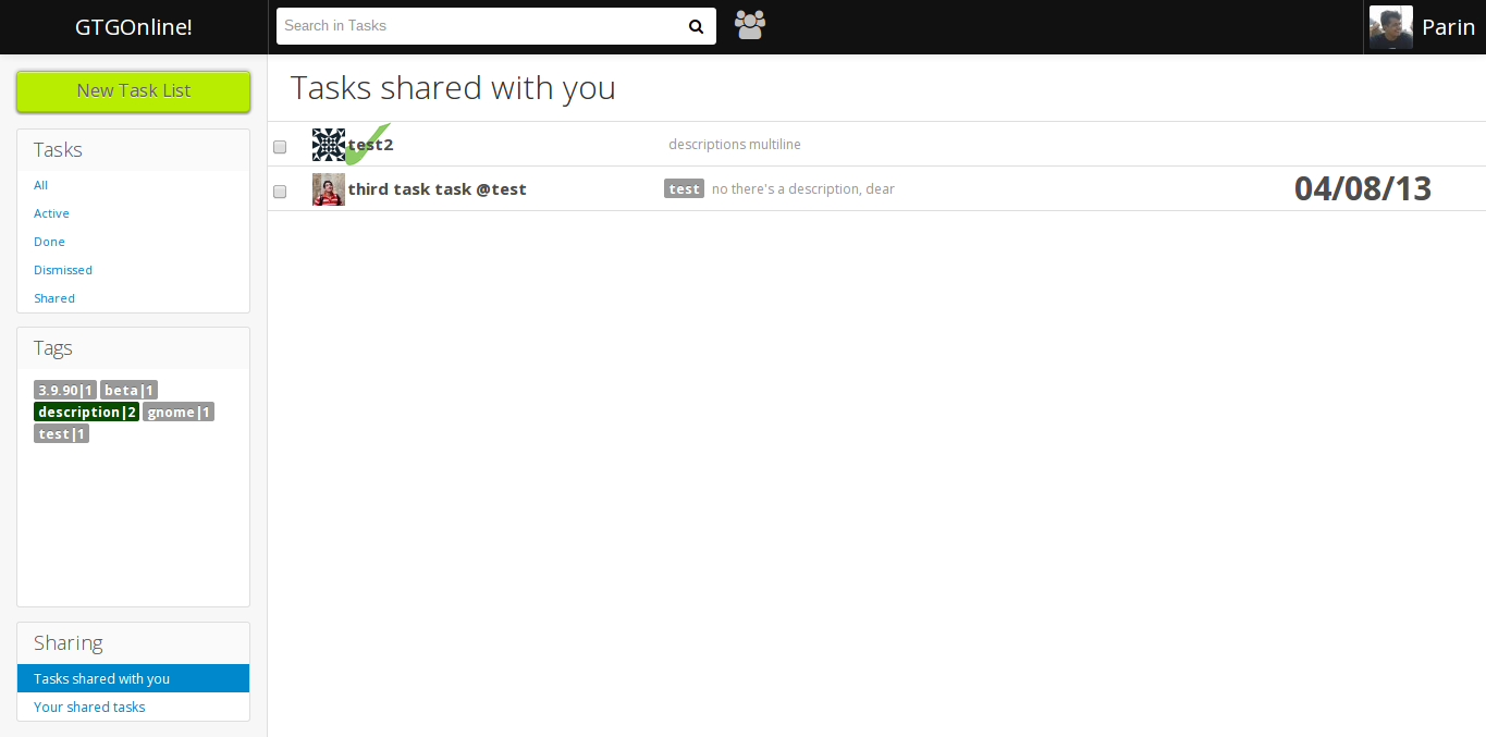 Screenshot of shared tasks