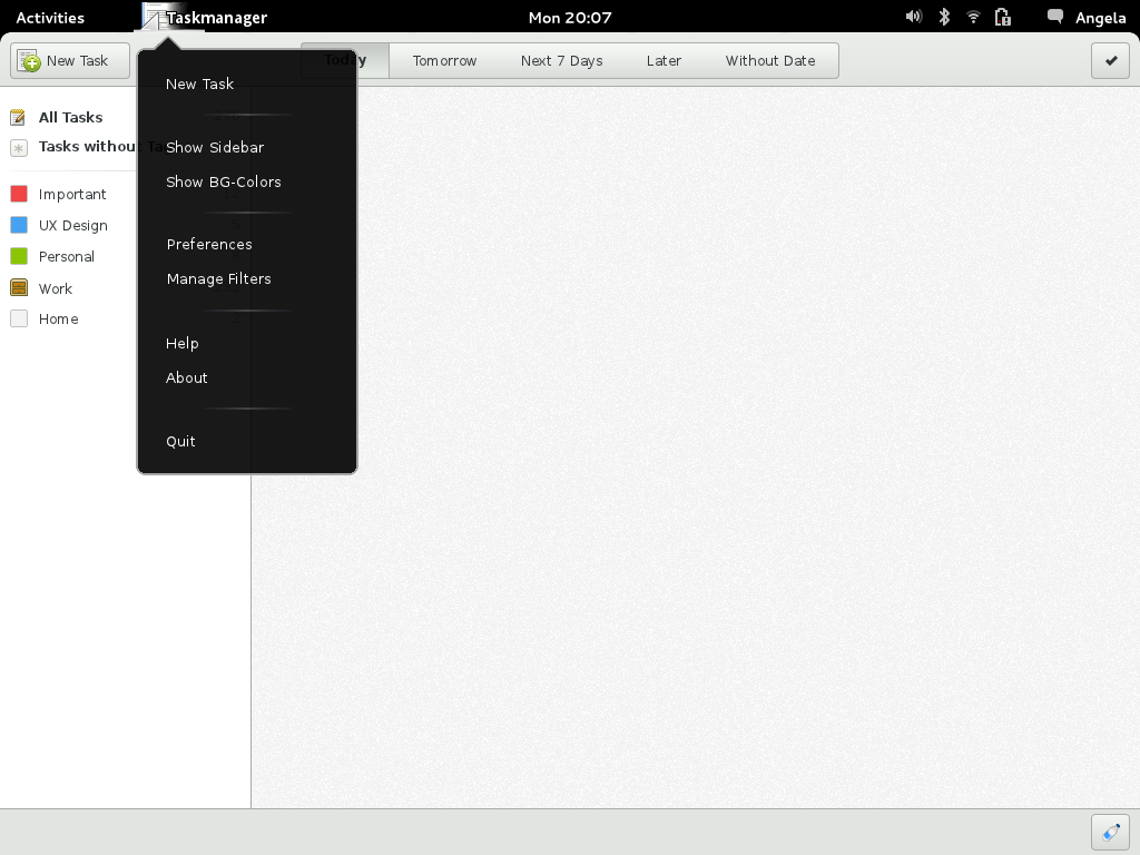 Screenshot of main window with app menu open