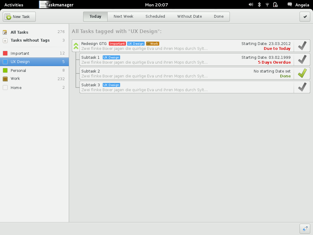 Screenshot of main window with subtask