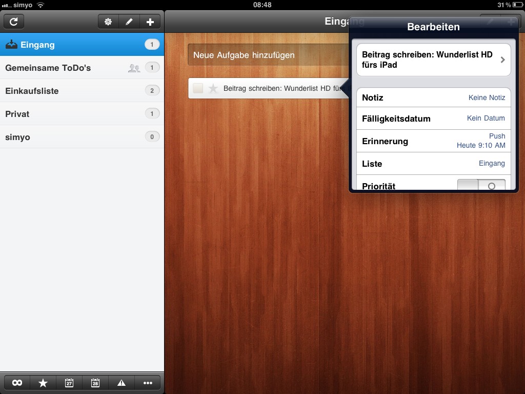 Screenshot of Wunderlist (iPad)